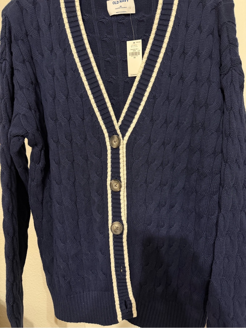 Old Navy Navy Cable-Knit Button Cardigan with White Trim extra small